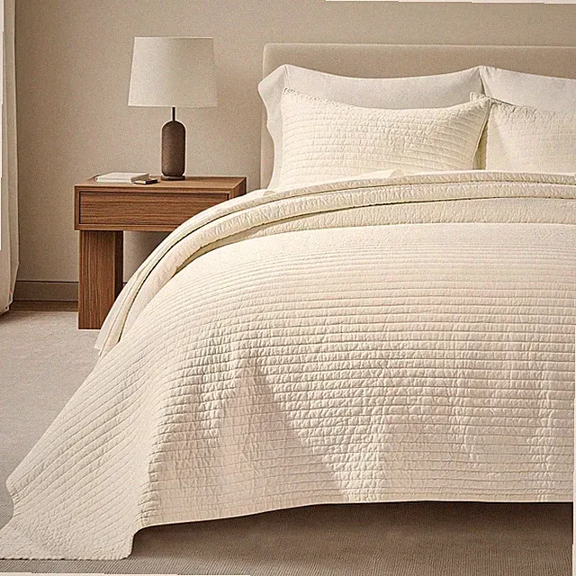 Cotton Sateen Quilt Set King Size, Pre-Washed Cotton Channel Stitch Coverlet Bed