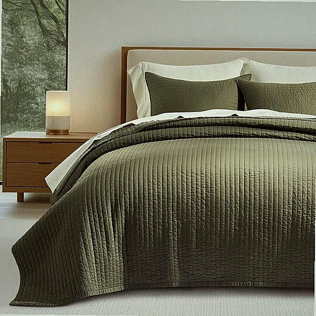 Cotton Sateen Quilt Set Queen Size, Pre-Washed Cotton Channel Stitch Coverlet Be