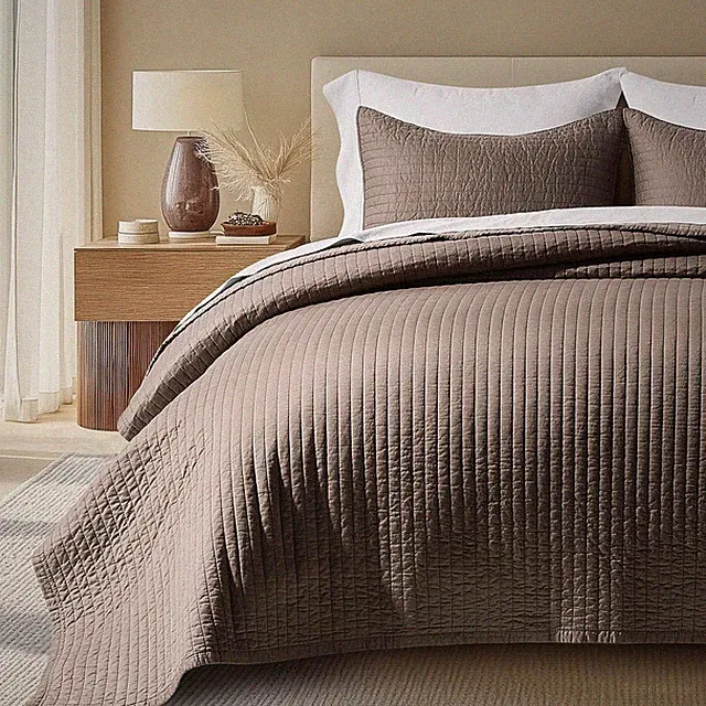 EVERGRACEHOME Cotton Sateen Quilt Set King 108"x96" Mocha Brown 3PC Lightweight