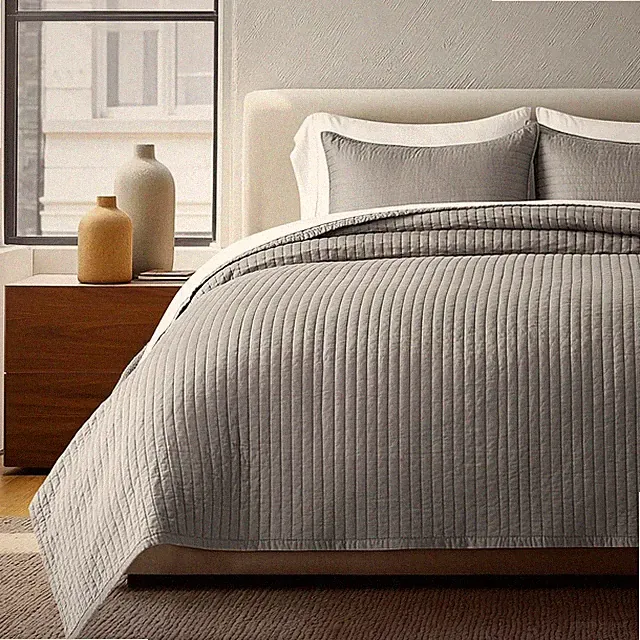 Fog Gray Cotton Sateen Quilt Set, 3-Piece Queen Bedspread with Shams