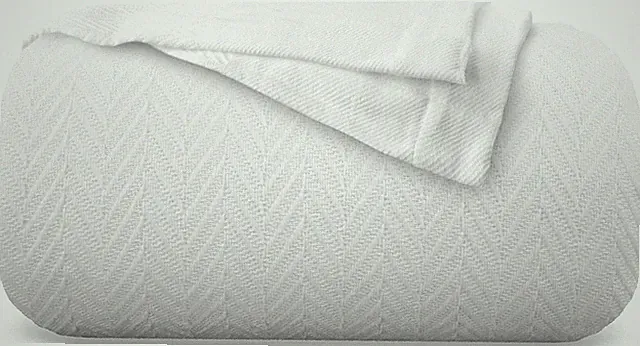 Luxury King Size Soft White Cotton Blanket with Herringbone Pattern & Pouch