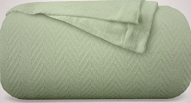 Luxury Sage Cotton Twin Blanket, Soft Herringbone, All Seasons, 68x92, Free Pouc