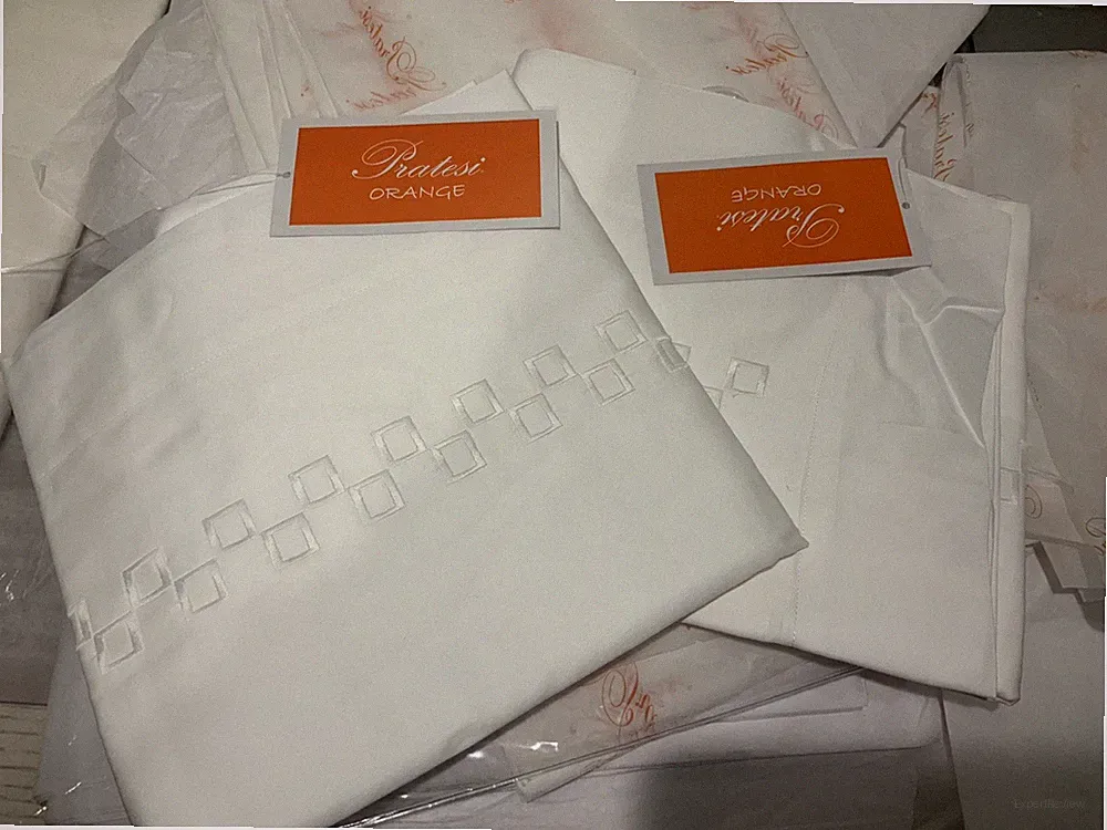 Pratesi Italy New 2pc Euro Shams 100% Cotton Sateen Embroidery Orange Line