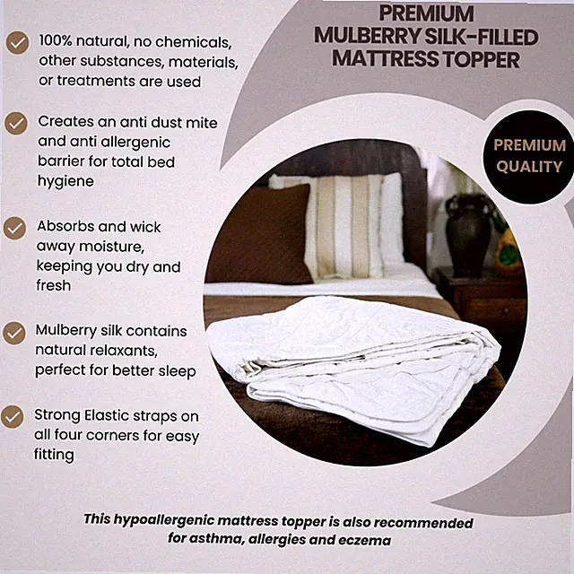 Silk-Filled Mattress Topper. 100% Mulberry Silk Interior. All Bed Sizes.